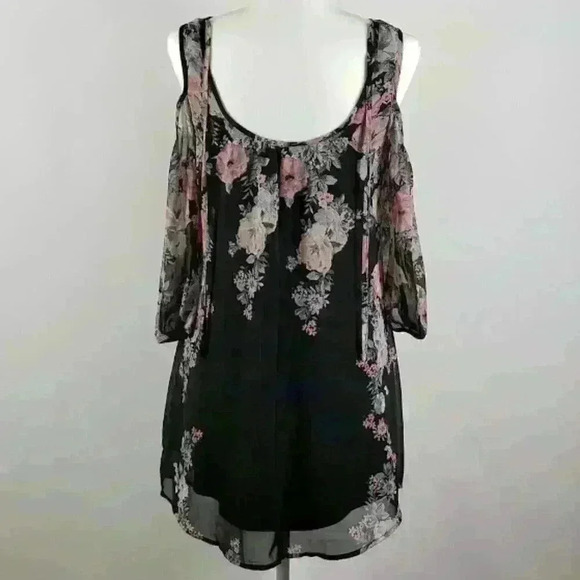 Maurices Floral Dress Cold Shoulder Scoop Neck Tie Back Black Pink Sheer Flowy - Picture 5 of 13